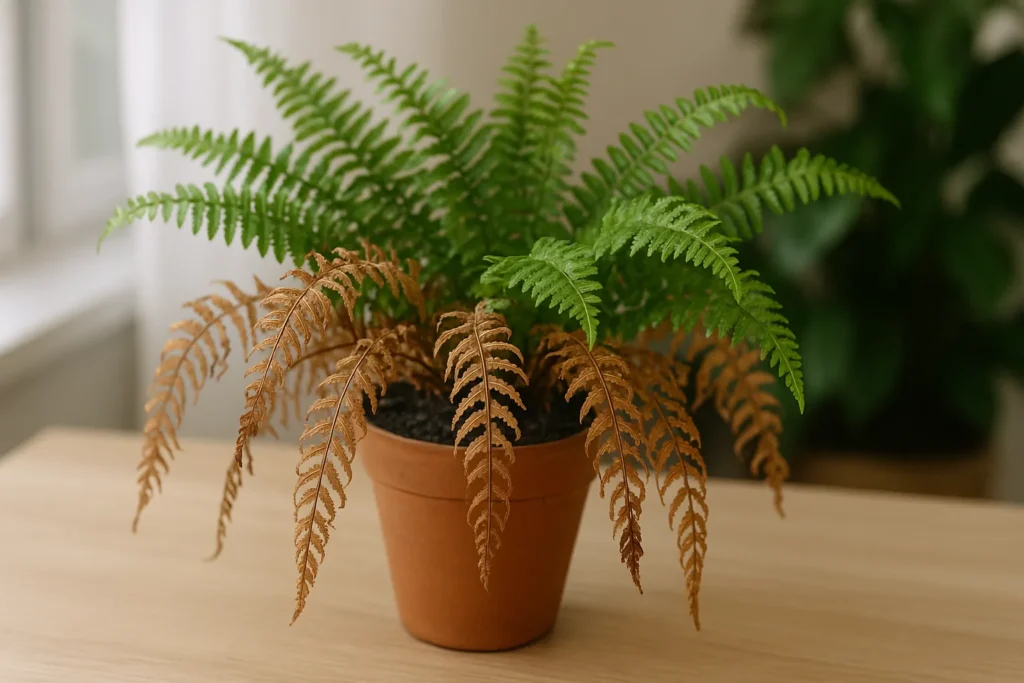 Por que a samambaia parece seca mesmo com terra úmida