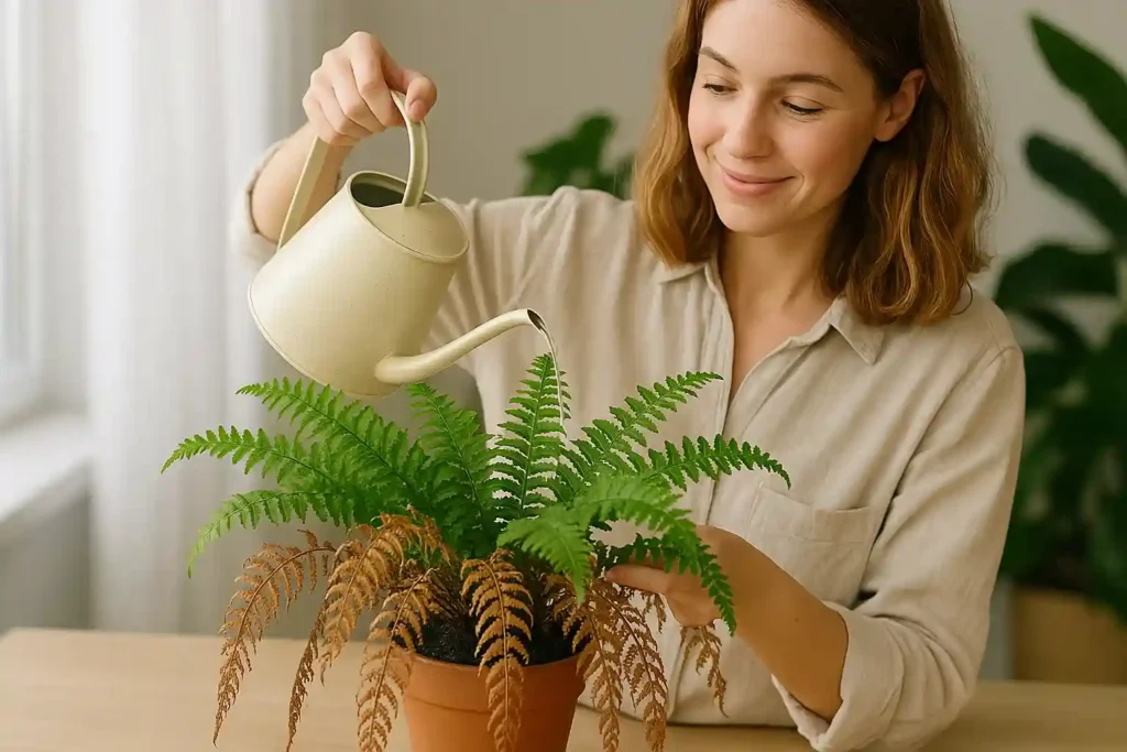 Por que a samambaia parece seca mesmo com terra úmida