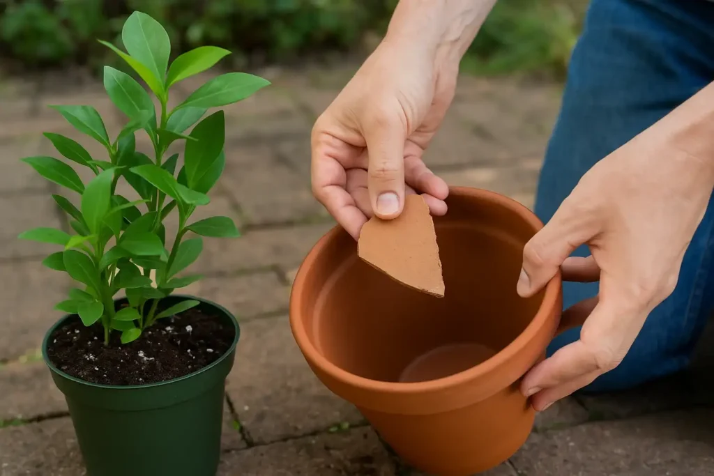 Um pedaço de telha muda o crescimento da planta no vaso