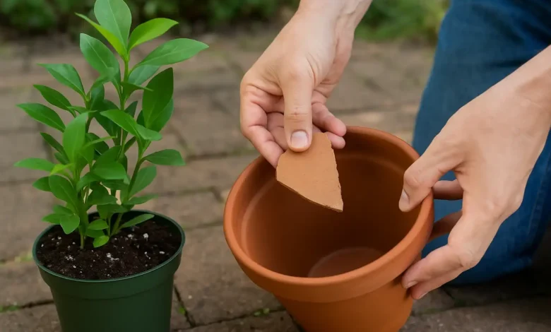 Um pedaço de telha muda o crescimento da planta no vaso