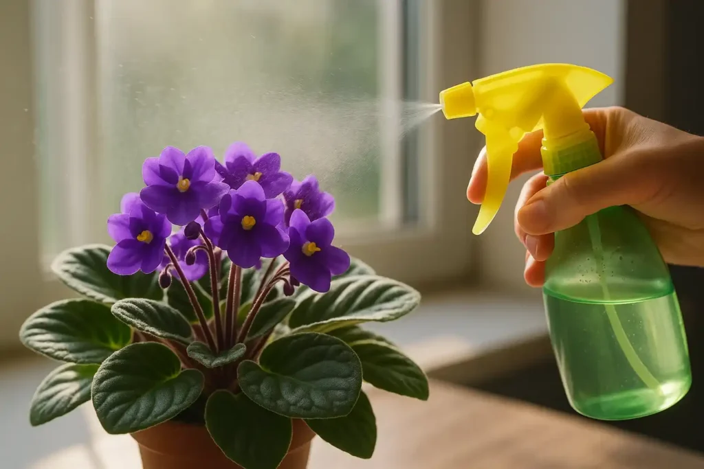 Violeta como florescer com força usando apenas luz e borrifador