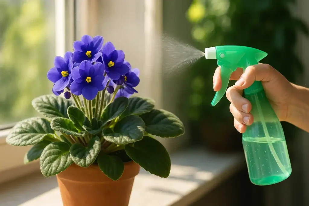 Violeta como florescer com força usando apenas luz e borrifador