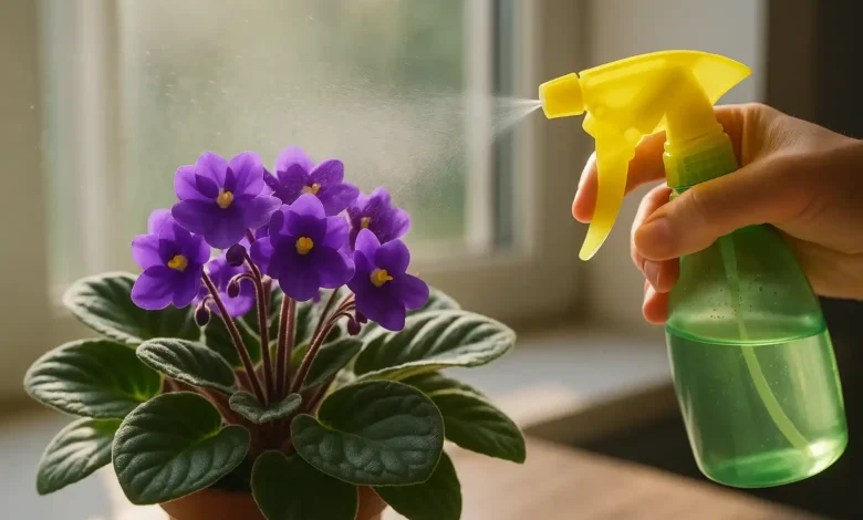 Violeta como florescer com força usando apenas luz e borrifador